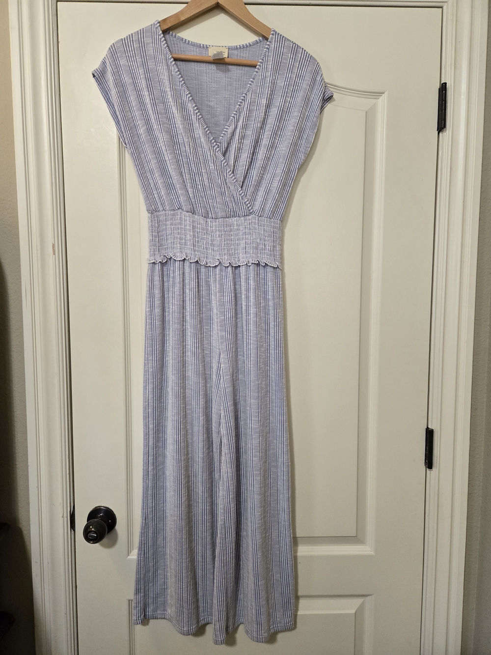 Caution To The Wind Blue & White Striped V‑Neck Jumpsuit Soft Comfy Layering